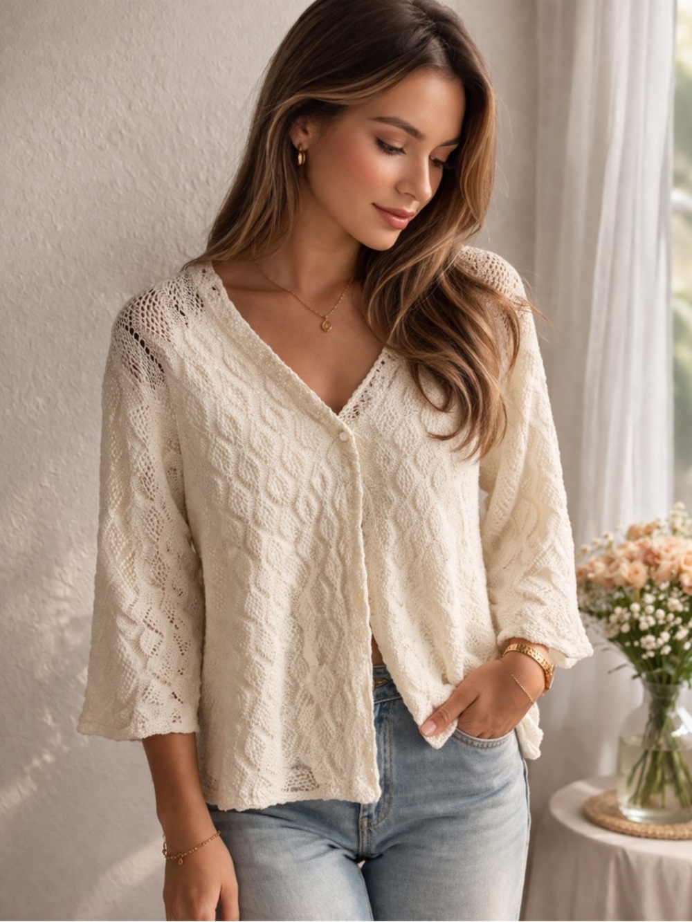 Saloni Studio Ivory Lace Knit Cardigan XL Button Front Boho Chic